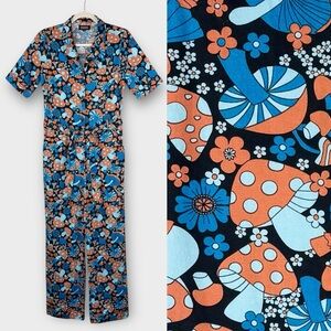 Run & Fly Retro Mushrooms & Daisies Jumpsuit Romper 8 Floral Blue Orange Black
